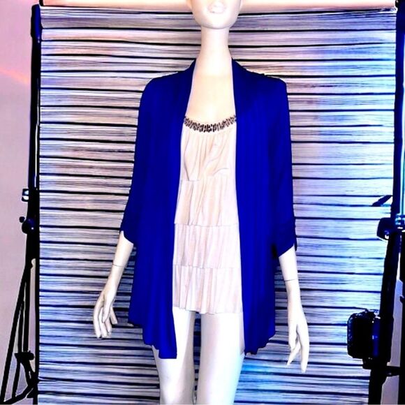 AB Studio (Kohl’s) Top Royal Blue Ivory Ruffled Beaded Neckline Cami Cardi S - Picture 5 of 16